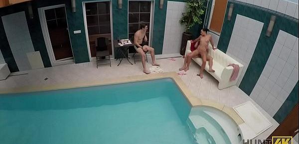  HUNT4K. Young cuckold let stranger nail slutty girlfriend by pool